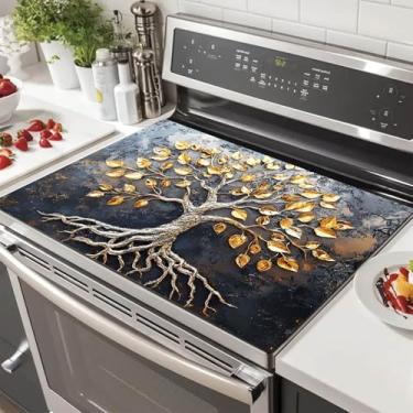 Imagem de HOMETITUTE Capas superiores de fogão para fogão elétrico 71 x 50 cm protetor de bancada resistente ao calor capas de fogão de vidro tapete de secagem de pratos decorações de cozinha design de árvore