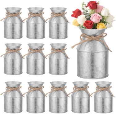 Imagem de Vaso de flores de metal para casa de fazenda, 12 peças, vaso de lata de leite galvanizado de 5,3 polegadas com arco de barbante, baldes de flores rústicos para centros de mesa, mesa de exibição floral
