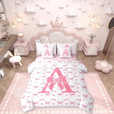 Imagem de Erosebridal Jogo de cama solteiro com letra A com letra A | Conjunto de edredom com laço rosa com fita coquete para crianças, meninos, meninas, monograma, estilo princesa sonhadora, conjunto de lençol