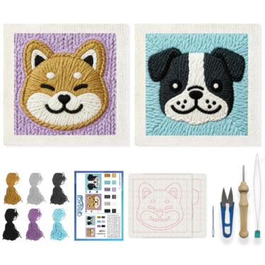 Imagem de ORIGACH Conjunto de 2 kits de agulhas de perfuração de bordado com moldura, kit de perfuração de agulha de cachorrinho com padrões, fios, ferramentas e instruções para iniciantes e adultos, decoração