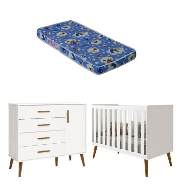 Imagem de Kit Berço Americano Isis MDF com Colchão Espuma e Cômoda Infantil com Porta Branco Acetinado