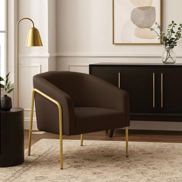 Imagem de Poltrona Sala Industrial Alta Dourado Stella Suede Marrom D03 - D'rossi