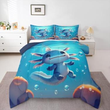Imagem de Jogo de cama casal fofo de tritão do oceano azul, animais selvagens, peixe, réptil, estampa de réptil, para crianças, meninas, meninos, criaturas marinhas, salamandra, decoração de anfíbios