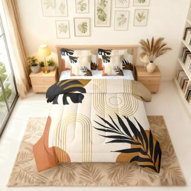 Imagem de Erosebridal Conjunto de edredom boêmio Queen de meados do século com lençóis, folhas de palmeira tropicais abstratas, 7 peças, cama botânica minimalista moderna em uma bolsa, boêmia, estética simples