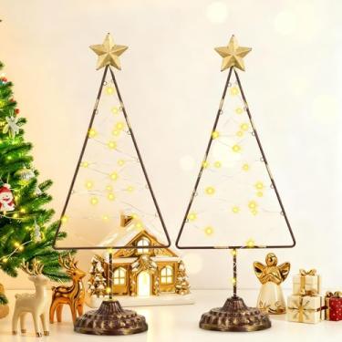 Imagem de Yuefunny Conjunto de 2 decoração de mesa de árvore de Natal iluminada com estrela dourada operada por bateria, mini árvore de Natal com enfeite de mesa iluminado por LED para casa (triângulo, bronze
