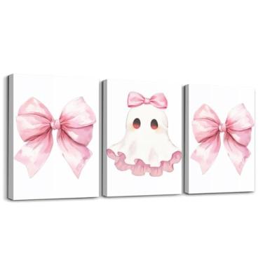 Imagem de Erosebridal Kawaii Ghost Bow Wall Decor 30.5 cm x 40.6 cm 3 peças rosa coquete laço arte de parede em tela para sala de estar quarto Halloween assustador gótico impressão princesa gravata borboleta