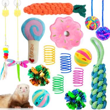 Imagem de Conjunto de 16 peças de brinquedos de enriquecimento estridente, furão, bolas de mastigar para morder, bola de sino saltitante, brinquedo interativo para exercícios, arranhão, mastigação para furões