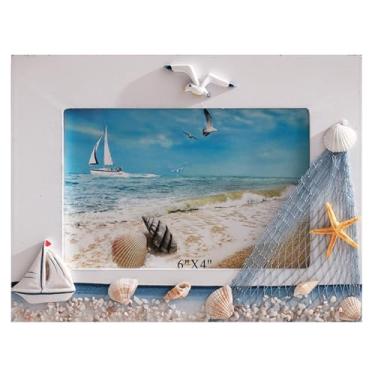 Imagem de Zovylks Moldura mediterrânea para exibição de fotos de 15 x 10 cm, tema vintage de praia costeira de madeira com decoração de estrela do mar com molduras náuticas (rede de pesca)
