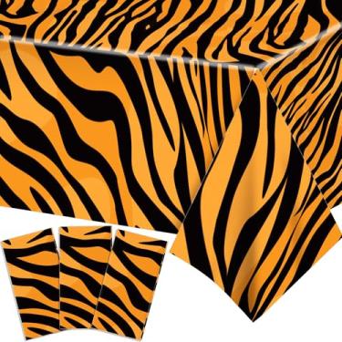 Imagem de Parrtty Hurrican 2 toalhas de mesa de plástico com estampa de tigre, capas de mesa descartáveis marrons, adequadas para piqueniques ao ar livre, aniversários, casamentos e outras festas temáticas