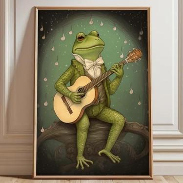 Imagem de Retro Frog Wall Art Funny Animal Pictures Animals Retrato Poster Funny Music Canvas Animal Guitar Canvas Arte de Parede Animais Verdes Arte Brincando Guitarra Imagem Decoração Sala de Estar 40 x 61 cm