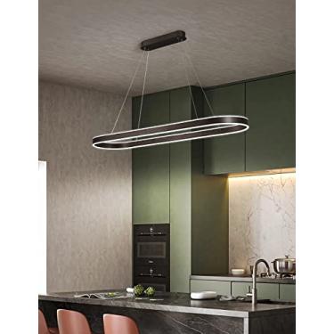 Imagem de Lustre pendente oval LED preto regulável, moderno, para mesa de jantar, escritório ou sala de estar, com controle remoto. Altura ajustável, sem reflexos. Ideal para ambientes internos, como