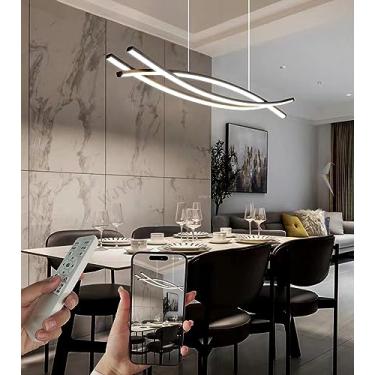 Imagem de Luminária pendente moderna de teto, preta, com LED dimerizável, criativa, para mesa de jantar, com design de anel, lustre ajustável em altura para sala de estar, cozinha e escritório, 120 cm