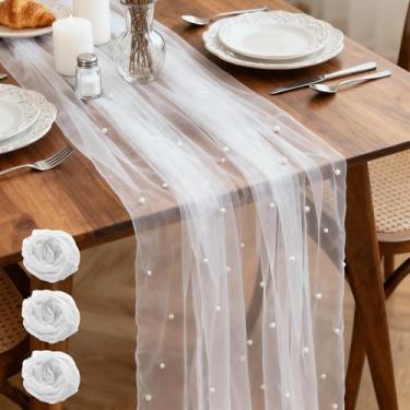 Imagem de Yivioep Pacote com 3 Caminho de mesa pérola, tecido de tule 79 x 300 cm com pérolas para arco de casamento, festa de aniversário, decoração de chá de bebê, decoração de mesa de sobremesa de véu de