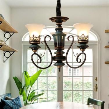 Imagem de Lustre de luxo europeu para sala de estar, estilo retrô americano, em cerâmica, para restaurante, quarto, escritório, hotel, casa de campo ou café, com luminária pendente de LED (3 lâmpadas)