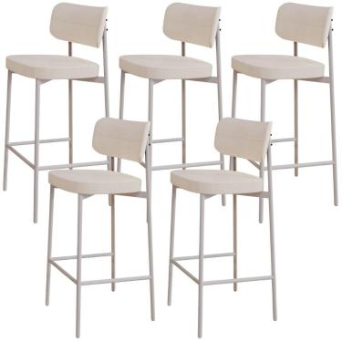 Imagem de Kit 05 Banquetas Alta Bar Cozinha Sala De Jantar Aço Branco Kaira C01 Linho Palha - Lyam Decor