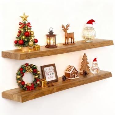 Imagem de Prateleiras flutuantes de madeira de olmo maciça, prateleiras flutuantes de madeira de 91 cm para parede, prateleiras de madeira de borda viva montadas na parede para livros, banheiro, cozinha, cor