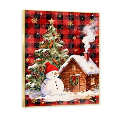 Imagem de NHLDZYH Moldura dourada. Imagem de Natal retrô country pintura em tela com padrão xadrez vermelho preto cores suaves country aconchegante decoração de Natal. A37. 50 x 65 cm