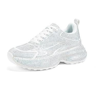 Imagem de LUCKY STEP Tênis feminino grosso com strass, moderno, plataforma, brilhante, pai, casual, tênis leve, caminhada, esporte, Branco, 38