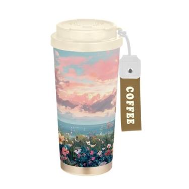 Imagem de SEHANY Caneca de viagem Pretty Sea and Flowers 482 g Copos de café reutilizáveis revestidos de cerâmica com tampa à prova de vazamento, parede dupla, isolamento a vácuo, copo de café de aço inoxidável