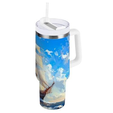 Imagem de Blueangle Copo isolado de 1,134 g com alça e tampa de canudo - Caneca de viagem de aço inoxidável à prova de vazamento, garrafa de água grande para navio de cortador de parede dupla (995)