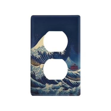 Imagem de Blueangle Placa de parede Great Wave Duplex Outlets, tamanho padrão, placas de cobertura de tomada elétrica de 1 gangue para decoração de quarto de escritório em casa, 4,53 x 2,76 polegadas (352)