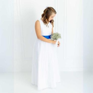 Imagem de Vestido Longo branco Faixa Lisa Azul Royal Infantil com Saia Tule Bran