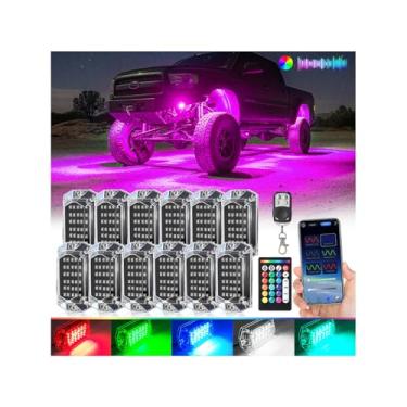 Imagem de Kit de luzes LED RGB de ângulo total de 12 unidades com controle remoto APP/RF, luzes externas neon brilhantes multizonas, multizonas, à prova d'água, 12 V, para caminhões, Jeep UTV, ATV, carrinho de