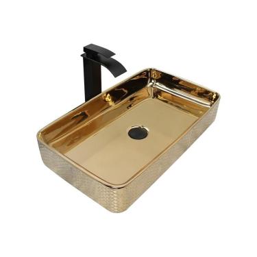 Imagem de Kit Cuba Pia Louça Cerâmica Banheiro C/Torn e Vál Preta 78