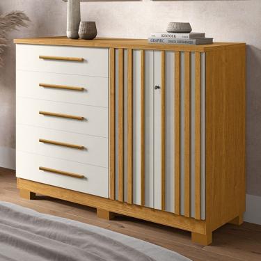 Imagem de Cômoda Bella 2 Portas 5 Gavetas 100% Mdf Ripado Cinamomo/Off White - Acp Móveis