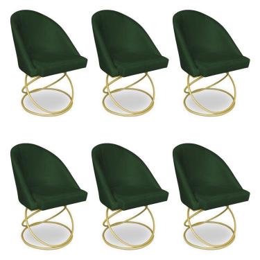 Imagem de Kit 06 Cadeiras Poltrona De Jantar Bela Suede Verde Base Metálica Luxo Dourado - Pallazio