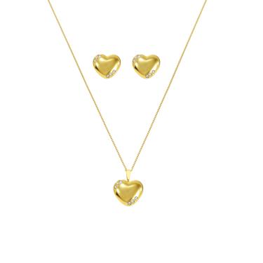 Imagem de Conjunto Colar e Brinco Coração com micro zirconias banhado em ouro