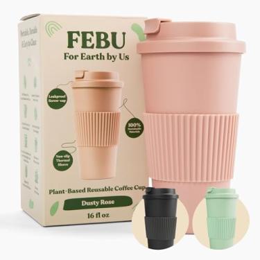 Imagem de FEBU Copo de café reutilizável à base de plantas com tampa e manga | 473 ml, Dusty Rose | Caneca de viagem portátil feita de bambu | Pode ser lavada na lava-louças, sem desperdício, sem plástico com