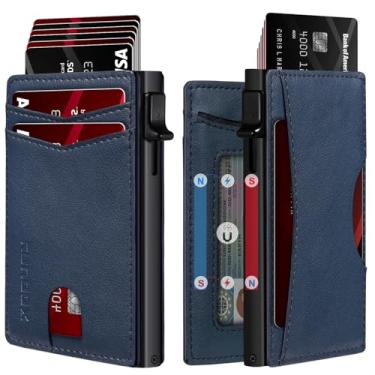 Imagem de RUNBOX Carteira masculina fina com janela para identidade – Carteira minimalista RFID, função pop-up, design ultrafino, capa de cartão de visita de metal para mais de 8 cartões, presentes para homens