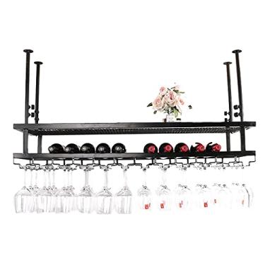 Imagem de APUM Prateleiras de vinho de teto, altura ajustável, suporte de garrafa de vinho de metal vintage, suporte rústico para taças de vinho, suporte de decoração para bares, cozinha