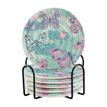 Imagem de Qilmy Conjunto de 6 peças de porta-copos de borboletas coloridas bonitas ou porta-copos de bar para bebidas, porta-copos de fazenda ou porta-copos de mesa rústicos, porta-copos modernos de algodão