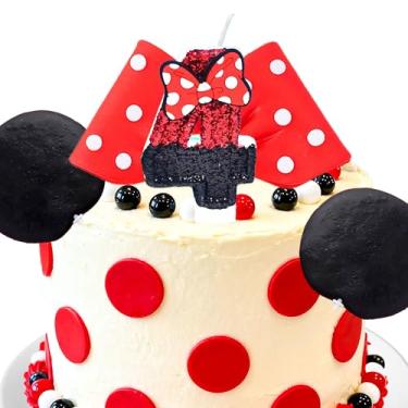 Imagem de LaVenty Decoração de 4º aniversário para bolo vermelho com laço, decorações de aniversário vermelhas, serve para decorações de aniversário da Minnie Mouse, para decorações de festa Minnie Mouse