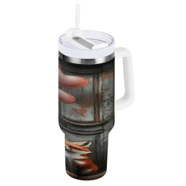 Imagem de STAYTOP Copo fofo de raposa e balão de 850 g com tampa e canudo, copo isolado de aço inoxidável durável à prova de vazamento com alça, garrafas de água à prova de derramamento para viagens