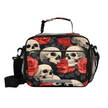 Imagem de CEBUGI Lancheira térmica Skulls and Roses, impermeável, à prova de vazamento, lancheira com alça de ombro ajustável, lancheira para meninos e meninas, escritório, piquenique