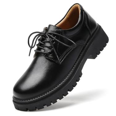 Imagem de IUY Sapatos Oxford femininos pretos Oxford plataforma de couro envernizado Oxfords confortável elegante sem cadarço grosso casual trabalho negócios escritório brilhante oxfords sapatos, Preto, 35