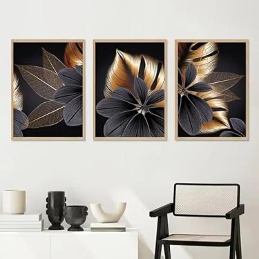 Imagem de 3 peças de arte de folhas de ouro preto acima do sofá 20 x 30 cm arte de parede presente para casa moderna, escritório, sala de estar, decoração de quarto, pôster de tela sem moldura presente de arte