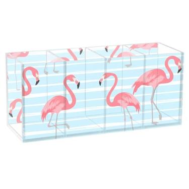 Imagem de Burbuja Porta-canetas de acrílico flamingo em listras azuis, 4 compartimentos, suporte de lápis transparente para pincel de maquiagem estacionário, acessórios de mesa de escritório em casa