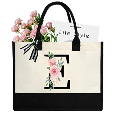 Imagem de DEEZOMO Sacola feminina de lona com inicial personalizada, bolsa de praia com bolso interno com zíper para casamento, aniversário, feriado, E
