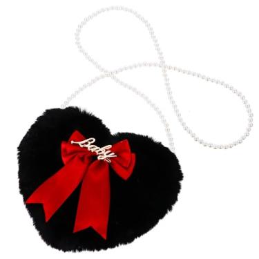 Imagem de Bolsa de pelúcia em formato de coração, laço elegante, ombro único, casual, para uso diário, preto e vermelho vinho