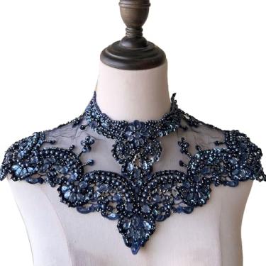 Imagem de Vestido de festa com apliques de renda e contas azul-marinho com detalhes brilhantes para casamentos, bailes de formatura