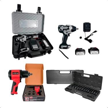 Imagem de Kit Chave Impacto 21V 700Nm 2 Baterias Com 15 Soquetes E Chave Impacto Pneumática 820Nm Uso Profissional Em Oficinas