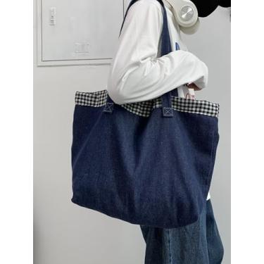 Imagem de Sacola jeans xadrez, bolsa de ombro casual com alça superior, bolsa espaçosa para trabalho e uso diário, Preto
