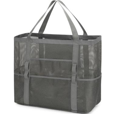 Imagem de Fammart Bolsa de praia de malha, bolsa de praia grande com bolso com zíper para a família, bolsa de piscina para brinquedos e itens essenciais de férias, Grande - Cinza escuro, Large, Tendência
