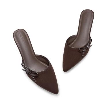 Imagem de Coutgo Sapato feminino com laço e salto mules dois tons, bico fino, fechado, sem costas nuas, sapatos de casamento, Chocolate, 36