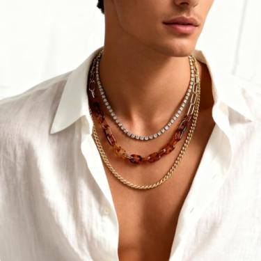 Imagem de Colar em camadas masculino de ouro, corrente de camada dupla, conjunto de joias para presente, Medium, Latão, Sem Pedra Preciosa