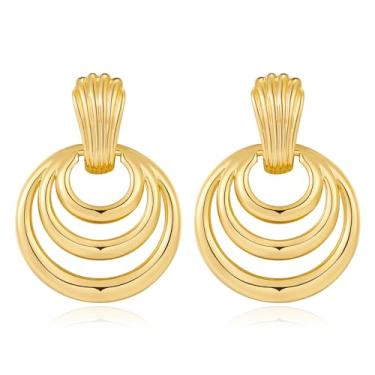 Imagem de TOVABA Brincos de pingente geométricos dourados para mulheres 14 k na moda brincos hipoalergênicos com pingente de gota de círculo duplo joia brincos de presente, Medium, Latão, Sem pedra preciosa